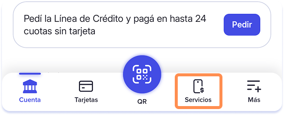 Opción Servicios en la aplicación de Mercado Pago