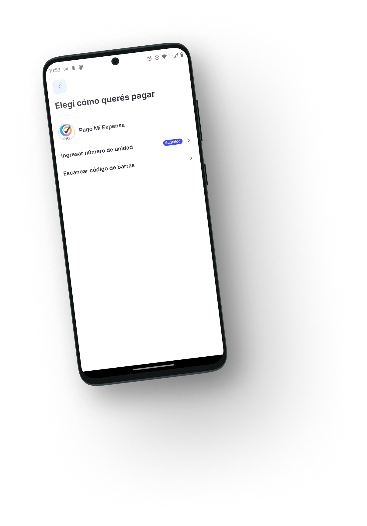 Celular mostrando la pantalla de Mercado Pago para elegir cómo pagar Pago Mi Expensa