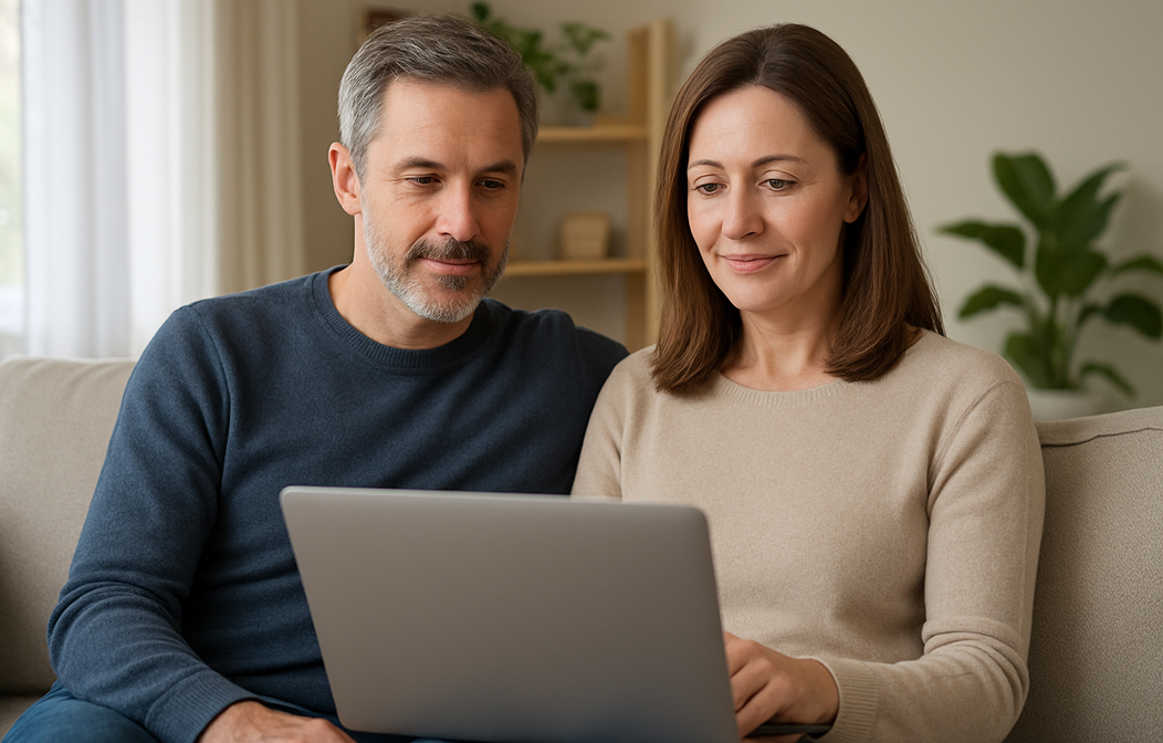 Pareja usando una laptop para pagar sus expensas desde su casa